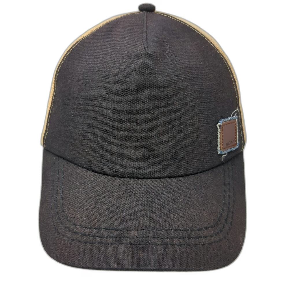 Roxy 5 Panel Black Beige One Size Woven Back Straw Texture Strapback Hat